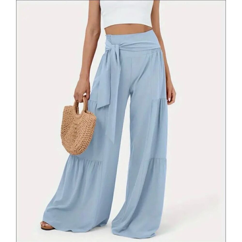 NWT Gorgeous Sz. L High Waisted Blue Tie Front/Back Wide Leg Flowy Tiered Pants
